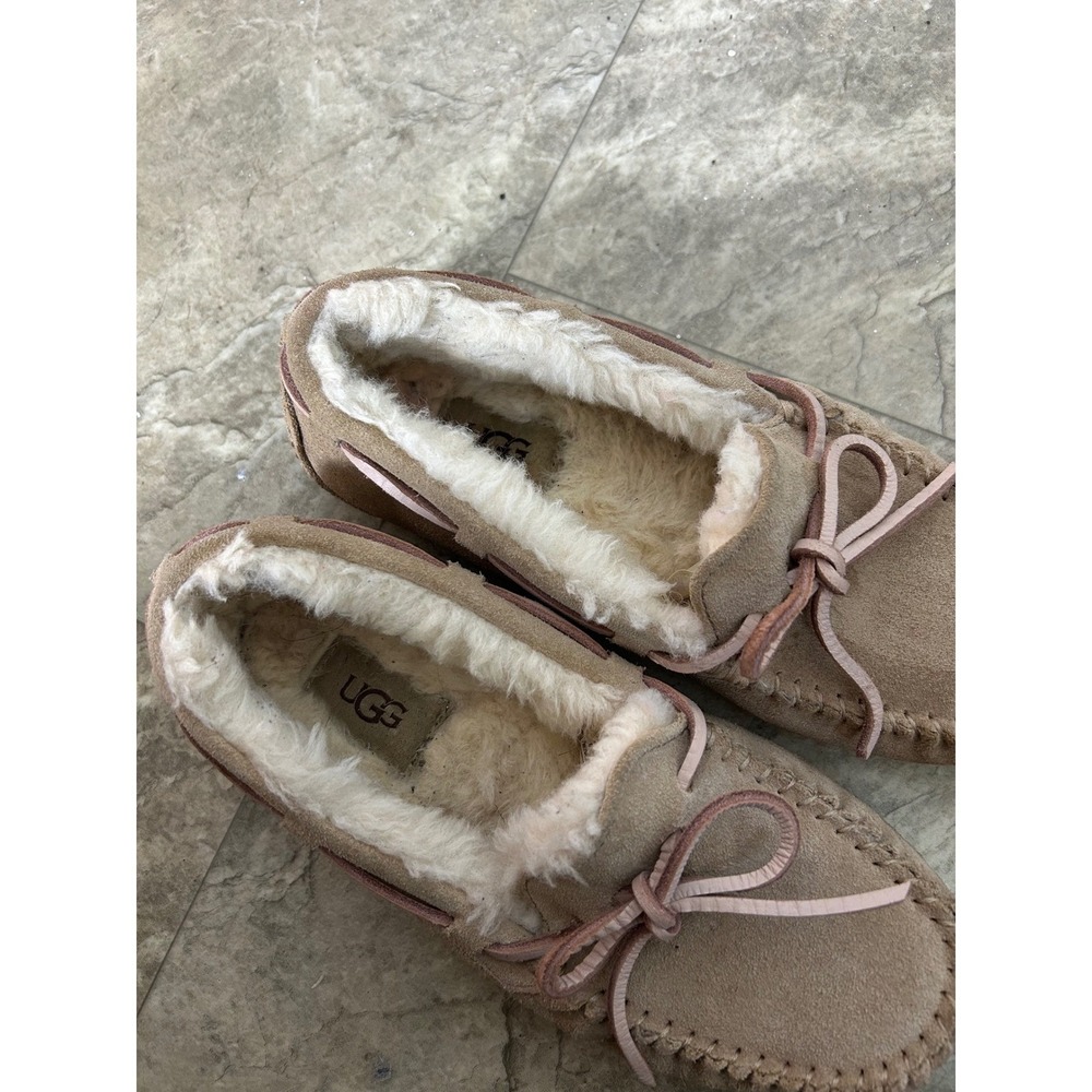 y2k UGG Australia Sheepskin Lined Moccasin Slippers Tan Pink Bow Size 5 - Picture 8 of 8